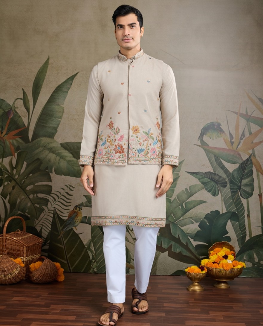 61236-ivory -  Stylish Ivory Men's Kurta Koti Set – Elegant & Trendy